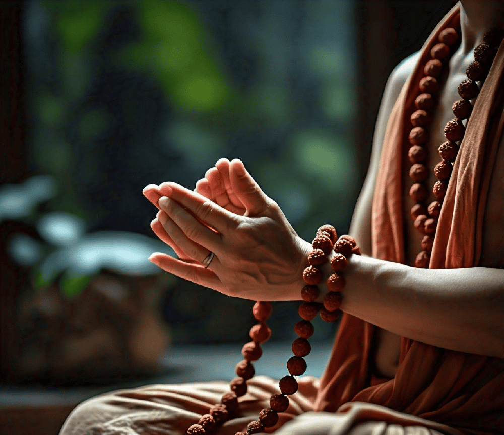 An image of a person meditating with Rudraksha beads, embodying focus and spiritual connection